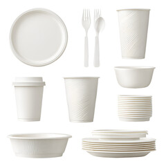 Collection of white disposable plates cups and cutlery on a white background