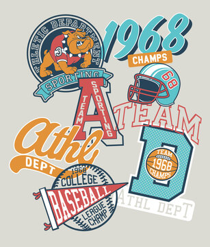Cute sporting team patches and symbols patchwork vintage vector print for children sport wear with embroidery applique