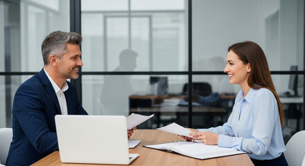 Obraz premium A group of smiling businesspeople and executives engage in productive teamwork while sitting at an office desk with a laptop and computer during a collaborative meeting