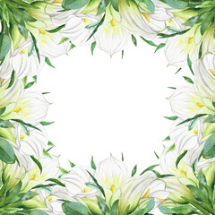 Obraz premium watercolor frame with white calla lilies and green leaves, watercolor illustration for weddings, design, invitations, postcards, and packaging