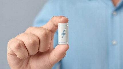 Close-Up of a Hand Holding a Small Battery with a Lightning Symbol in a Light Gray Background