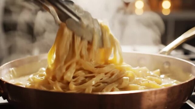 A close-up shot of a copper pan filled with steaming Fettuccine Alfredo being lifted by tongs. The image captures the warmth of a fresh meal and culinary skill