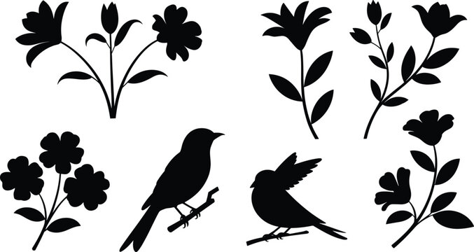 Silhouette illustration of decorative floral arrangements with perched birds on branches, artistic nature design, botanical concept, wildlife inspiration for stock photography,  illustration projects