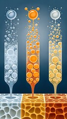 Beverage Bubbles and Molecular Structure Concept, Glasses with Carbonated Drinks and Cellular Texture Background