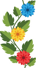Colorful floral branch vector clipart with blue, yellow, and red flowers and green leaves