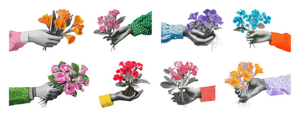 Obraz na płótnie Canvas PNG Colorful hands offering flowers on transparent background