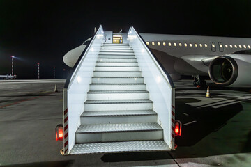 Passenger plane with airstrip at the night airport