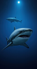 Obraz premium Two sharks swimming in the deep blue ocean under a bright moonlit sky
