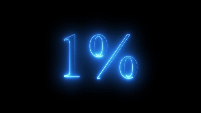 Glowing neon blue digital percentage symbol displaying 1% percent discount on dark black background, futuristic promotional sale concept with vibrant light outline