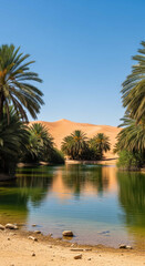 Obraz premium Oasis in the desert with palm trees and sand dunes reflected in the water