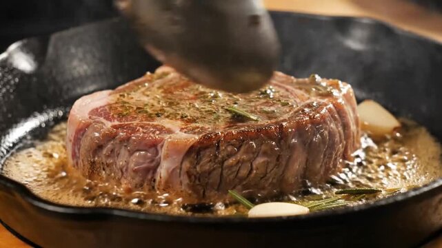 A delicious steak being cooked in a pan
