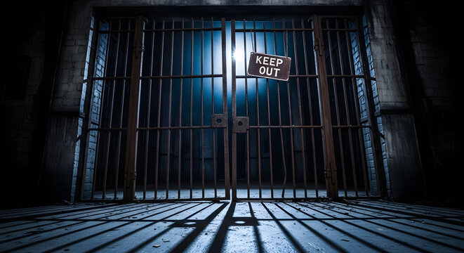 Dark prison cell gate with keep out sign and dramatic shadows