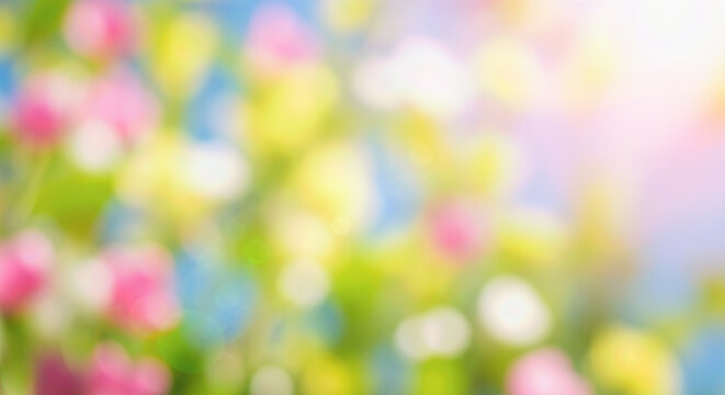 blurred background bright sunny spring garden texture with pink and yellow flowers green leaves bokeh colorful meadow nature scene outdoor park easter holiday season