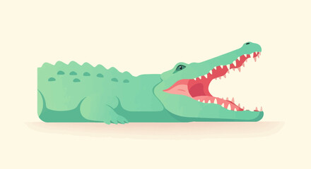 Obraz premium Stylized green reptile with mouth wide open showing sharp teeth and pink interior