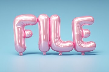 Creative 3D Typography Featuring Shiny Pink Foil Balloon Letters Spelling File Isolated on a Soft Pastel Blue Background for Digital Office Branding