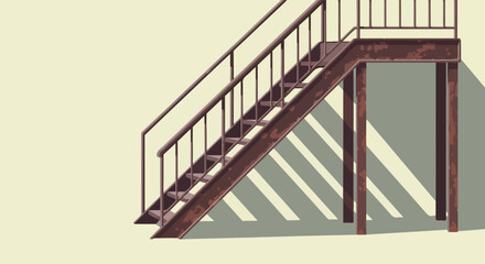 Rusty metal outdoor staircase casting striped shadows on a pale background