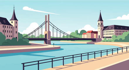 Obraz premium Scenic city bridge over tranquil water, flanked by historic buildings and lush greenery