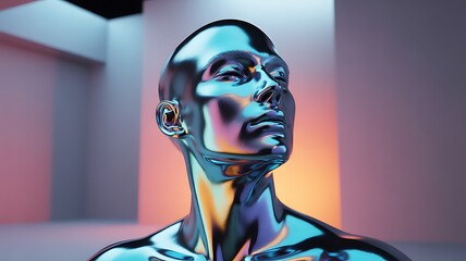 Metallic human bust, iridescent chrome sculpture, futuristic digital identity reflected with vibrant light