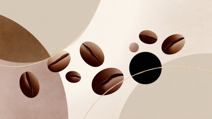 Obraz premium Minimalist flat illustration of coffee beans scattered across a wide composition, calm neutral colors, abstract balance