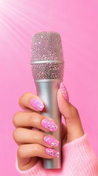 Glittering microphone and sparkling nails highlight glamorous pink performance theme