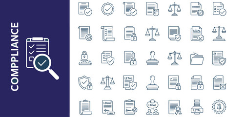 Fototapeta premium A comprehensive collection of compliance and regulatory line icons for business and legal use.