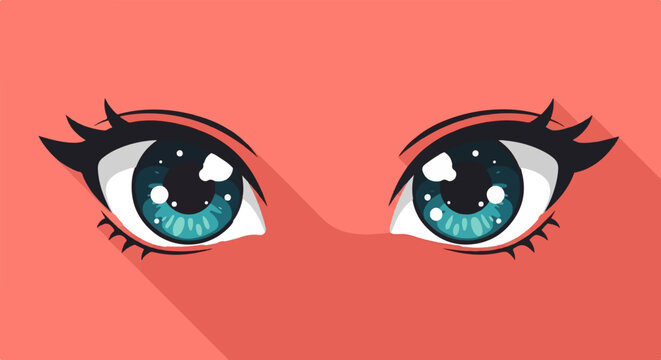 Stylized cartoon eyes with turquoise irises and long lashes on salmon background