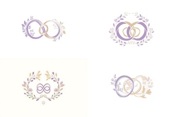 Elegant wedding logo designs with intertwined rings and floral wreaths in purple gold and pink hues for marriage services and event planning