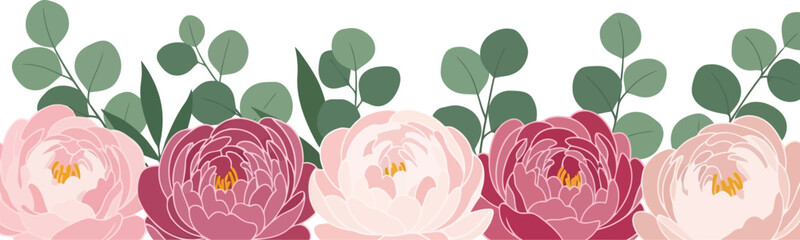 Floral border vector clipart with pink peonies and eucalyptus leaves for wedding invitations © azad