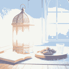 illustration of a lantern and a moon 