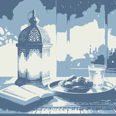 illustration of a lantern and a moon 