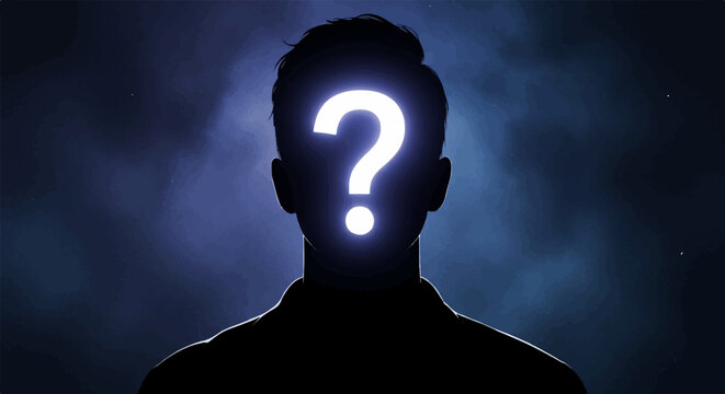Silhouette of a person with a glowing question mark in place of their face