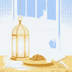 illustration of a lantern and a moon 