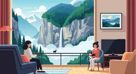 Plakat Relaxing indoors with pets while enjoying a magnificent waterfall view