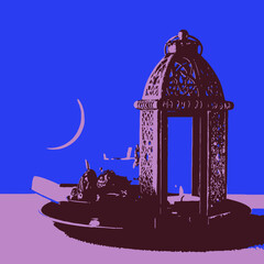 illustration of a lantern and a moon 