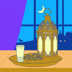 illustration of a lantern and a moon 