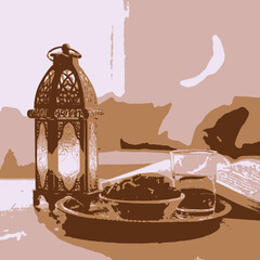 illustration of a lantern and a moon 