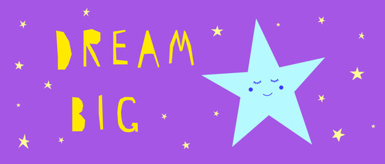 Funny Childish Card background. Sweet Dream and Good Night Sleep Theme. Cute Cartoon Star Character. Vibrant Positive Happy Imperfect Application Shape Illustration Design.