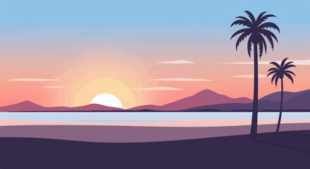 Fototapeta premium Silhouette of palm trees against a pixelated sunset over mountains and water