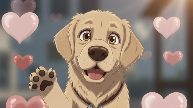 Dog waves paw amid floating hearts indoors, wholesome affectionate animation with copy space, static eyelevel shots by Generative AI