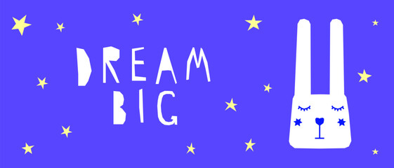 Funny Childish Card Rabbit Background. Sweet Dream and Good Night Sleep Theme. Cute Cartoon Bunny Character. Vibrant Positive Happy Imperfect Application Hare Animal Illustration Design.