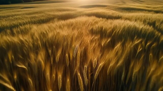 Aerial drift above golden barley fields as wind creates soft rolling waves.