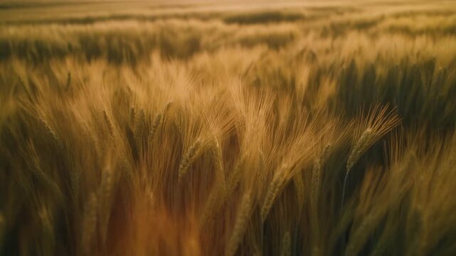 Aerial drift above golden barley fields as wind creates soft rolling waves.