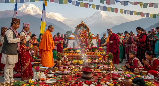 Buddhists perform a sacred ritual during a festival, with a shrine adorned with offerings and majestic mountains in the background