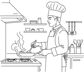 Chef cooking in a kitchen with a frying pan on the stovetop