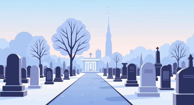 Snowy cemetery with central mausoleum and distant city skyline