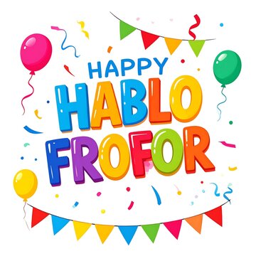 Colorful festive text "HABLO FROFOR" with balloons, confetti, and pennants against a white background
