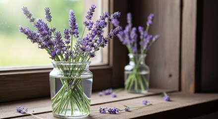 Purple Lavender Sprigs in Glass Vases by Window