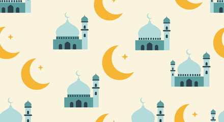 Seamless Islamic pattern with mosques and crescent moons © mboku