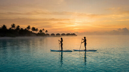Two women paddle in calm water on a SUP board. Aerial drone footage.