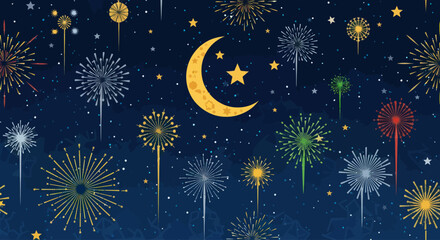 Fototapeta premium Festive fireworks display seamless pattern with crescent moon and stars on dark sky